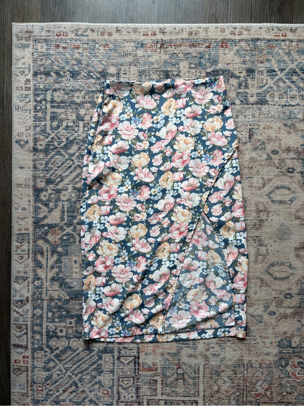 Abercrombie & Fitch Blue Floral Midi Skirt with Pink & Cream Blooms - Picture 8 of 8